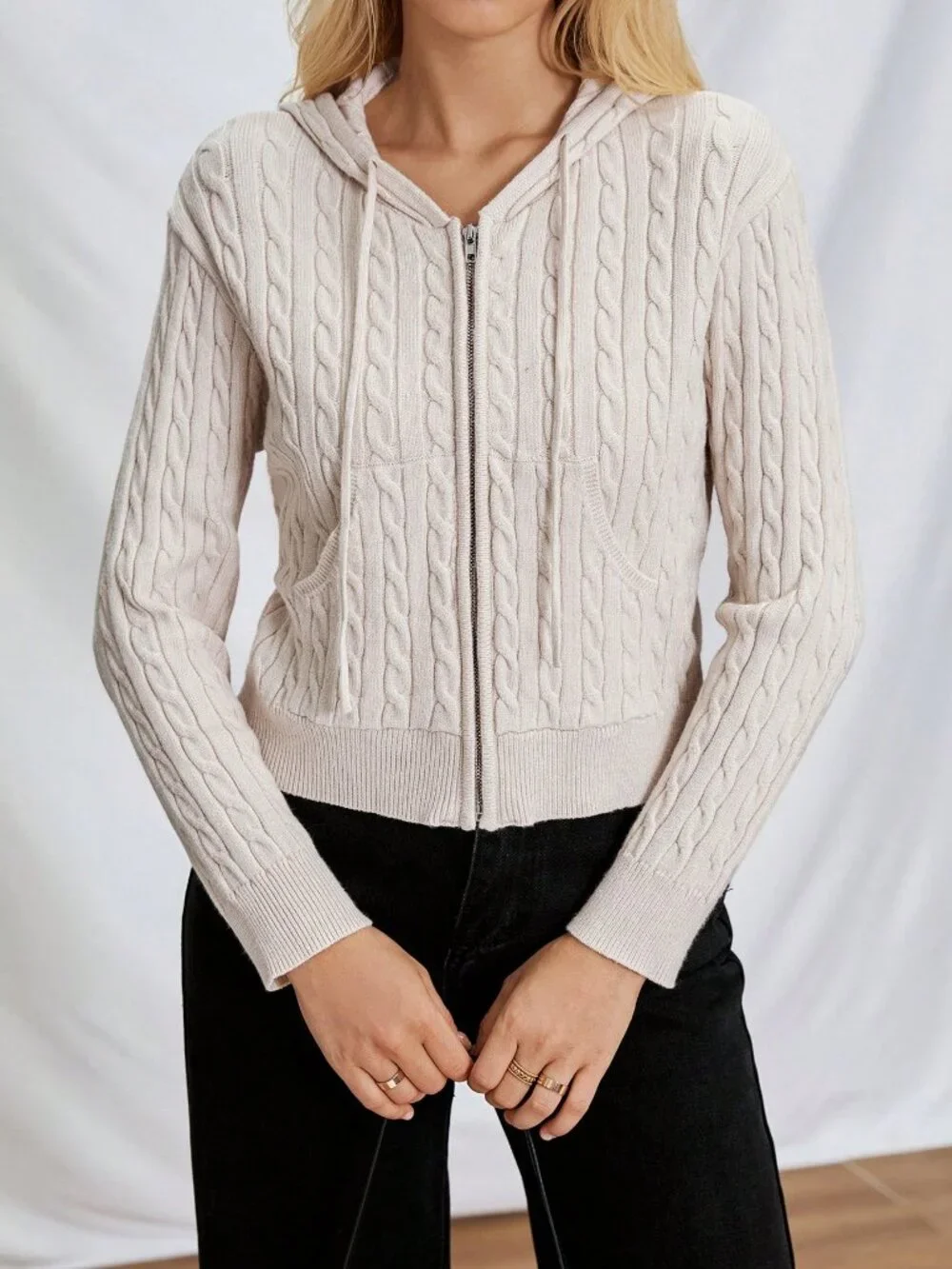 Casual Women's Cable Knit Zip-Up Hooded Cardigan with pockets